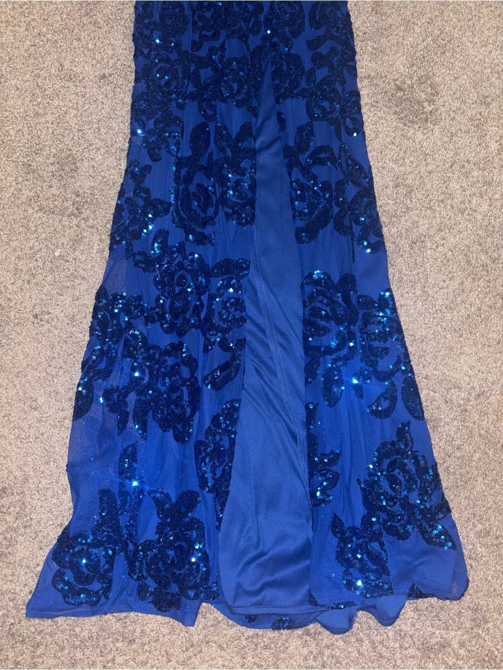 Von Maur Royal Blue prom dress with built-in bra, leg slit, and cross back - Picture 3 of 6